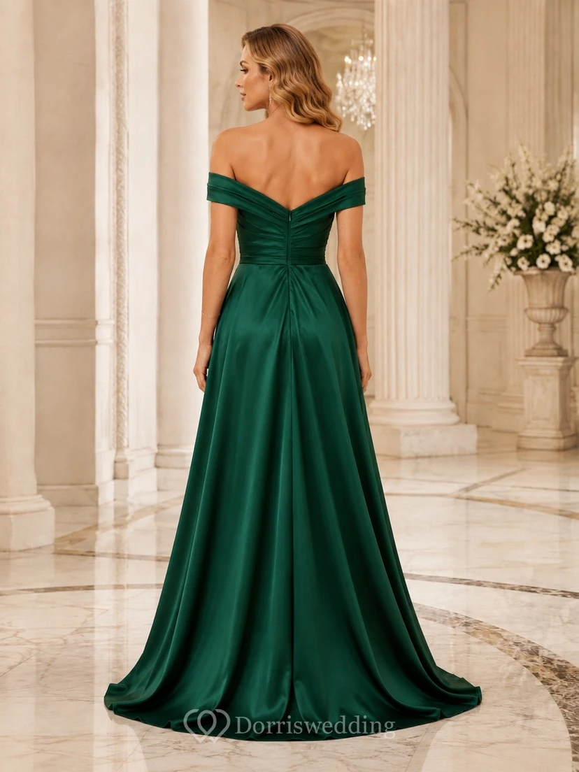 Elegantes, formelles, schulterfreies A-Linien-Abendkleid aus Satin mit Schlitz, bodenlang view 2