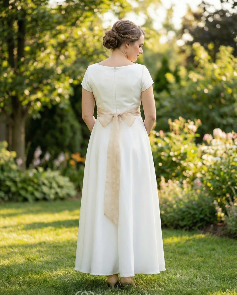 White Short Sleeve Maternity Wedding Dress with Empire Waist view 2