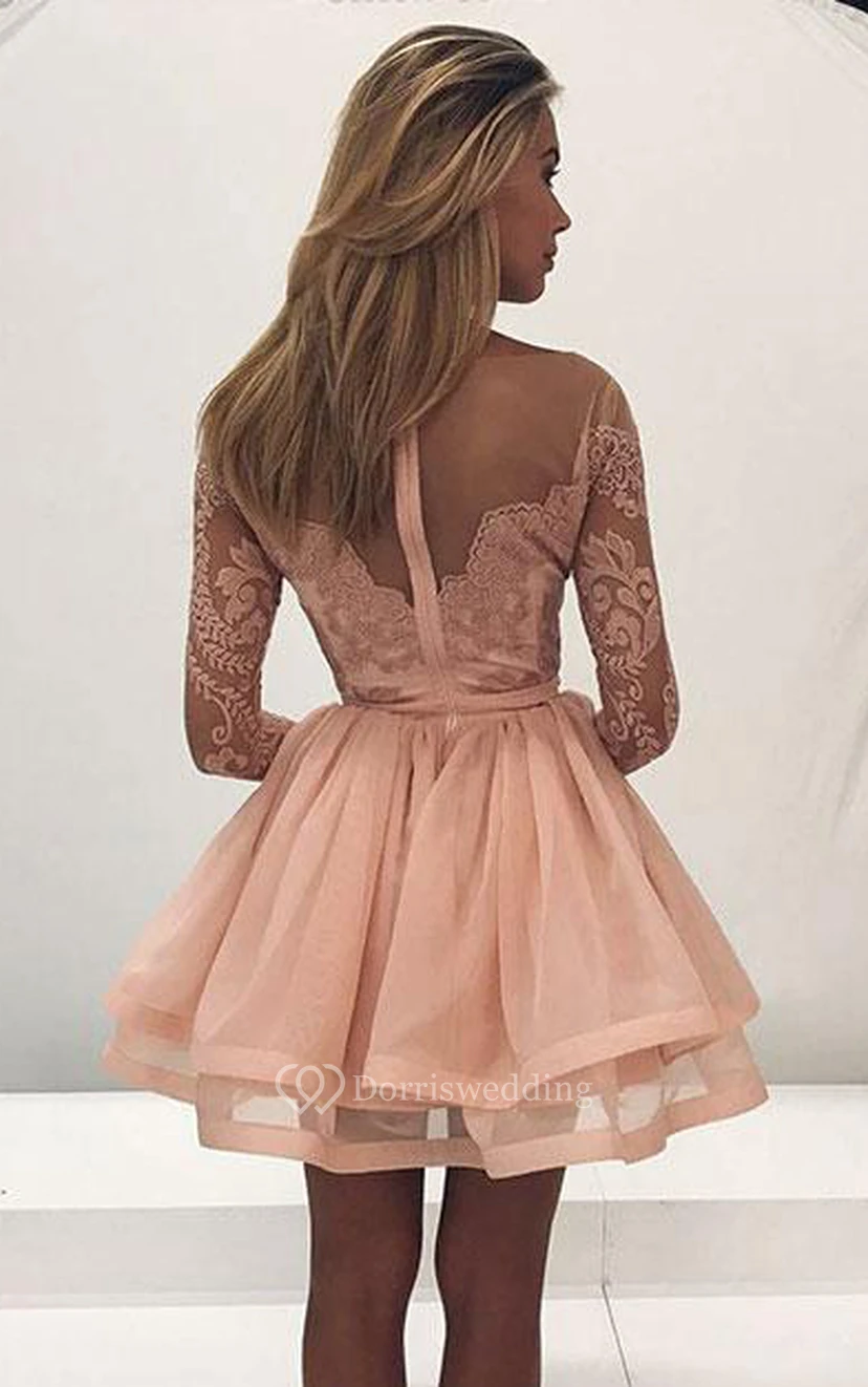 Lace Tulle Short A Line Long Sleeve Modern Homecoming Dress view 2