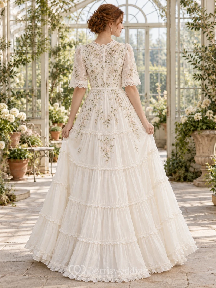 Romantic High Neck Half Sleeve Tiered Cotton A-Line Floor Length Wedding Dress view 2