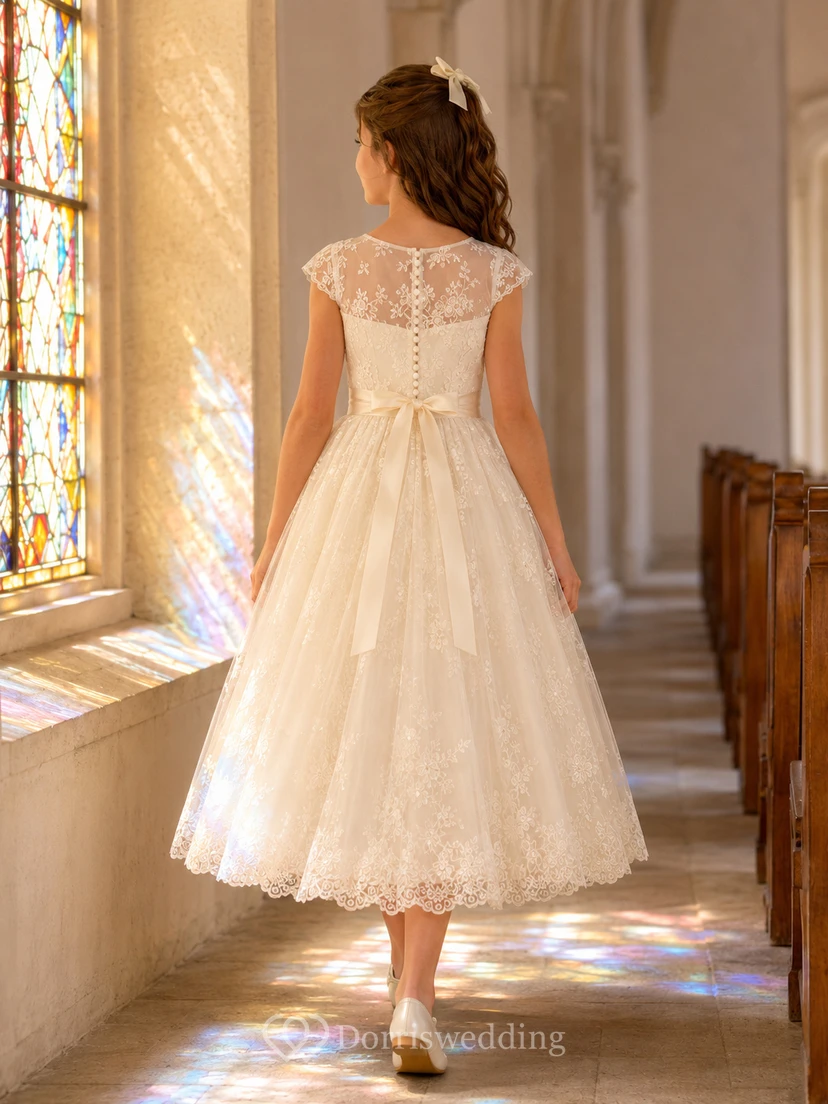 Button Back Bateau Lace Cap Sleeve Tulle First Communion Tea Dress view 2