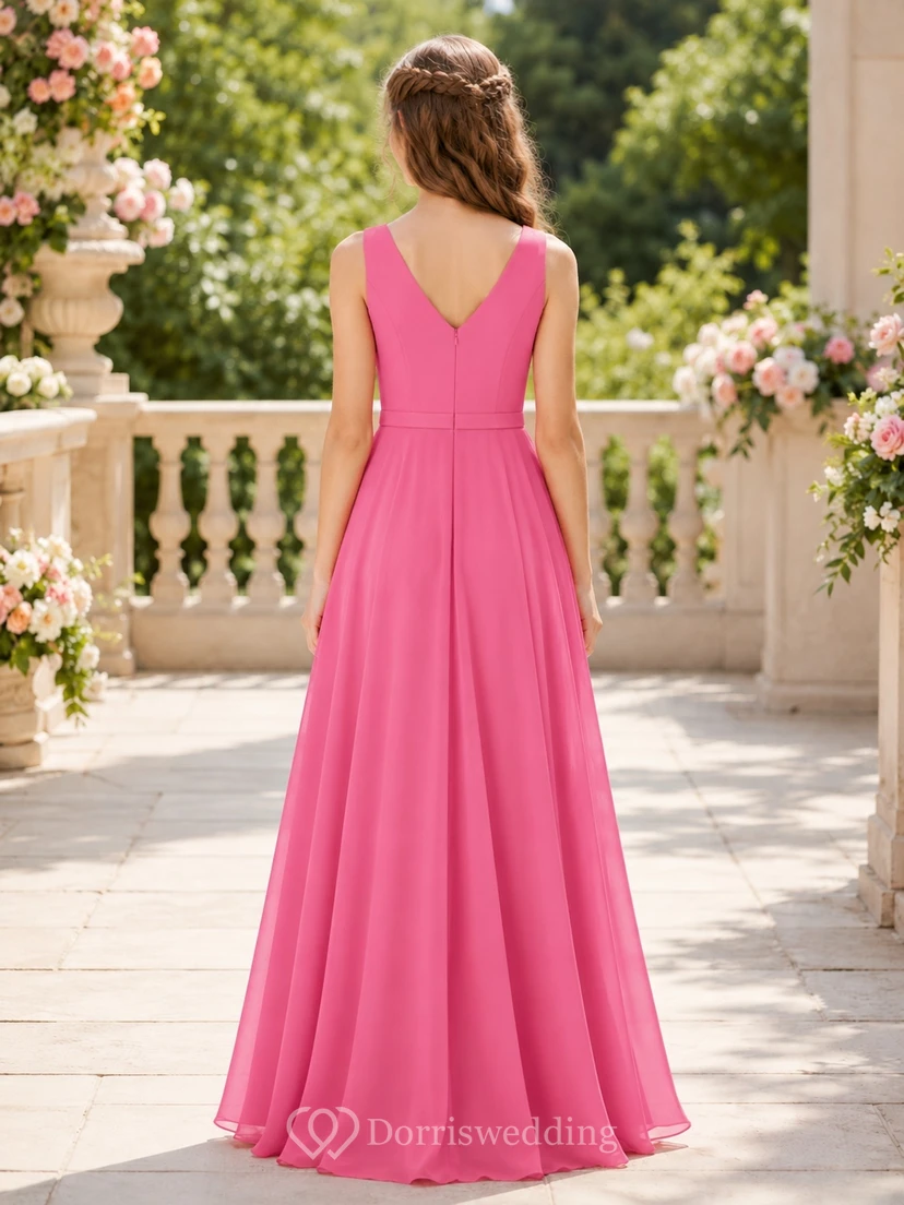 Candy Pink Junior Bridesmaid Dress A-Line Floor-Length Jewel Sleeveless V-Back Detail Romantic view 2