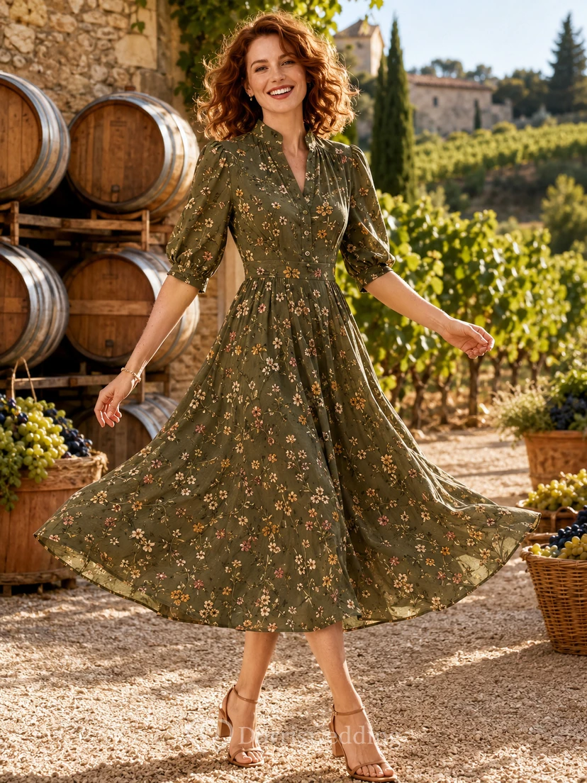 Olive Floral V Neck Swing A Line Vineyard Midi Dress