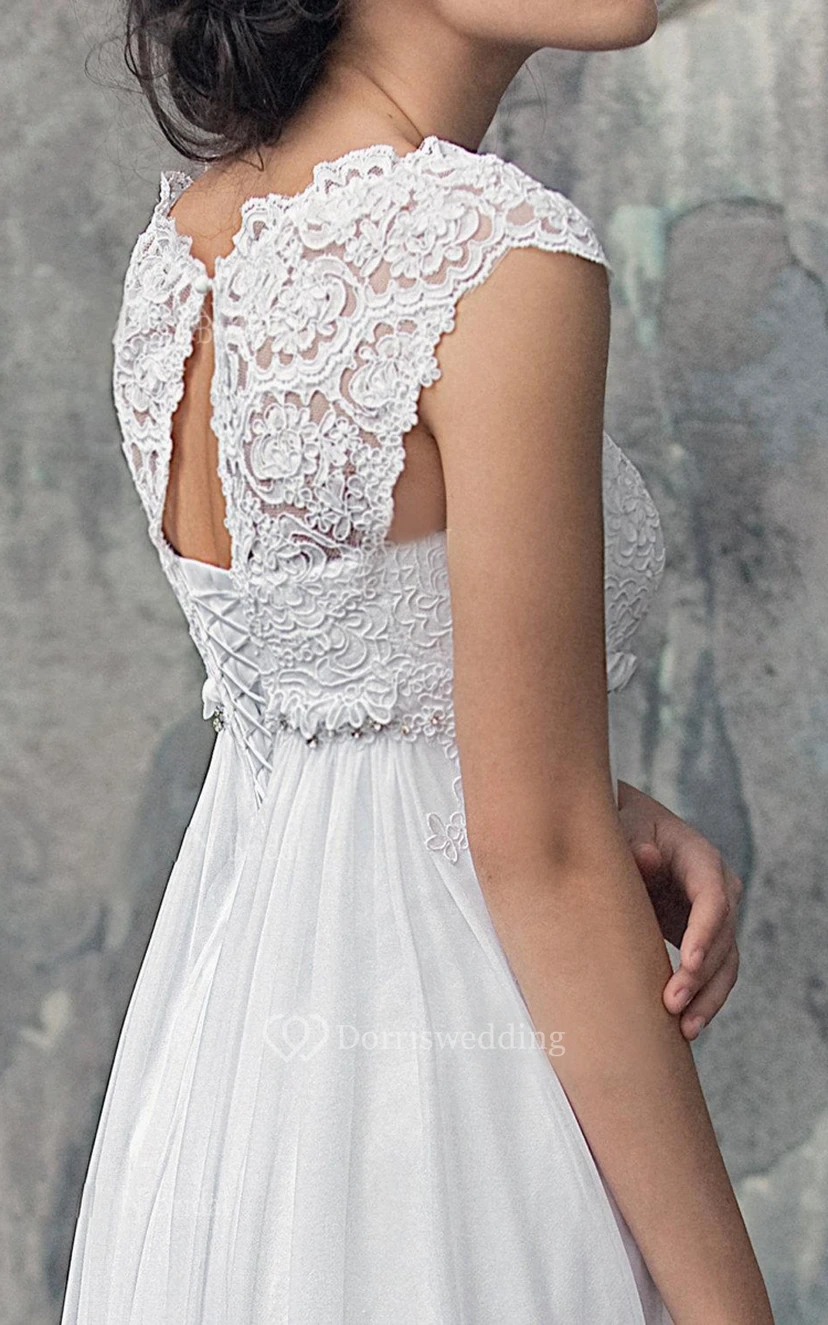 Empire Cap-Sleeve Chiffon Dress With Pleats And Appliques view 2