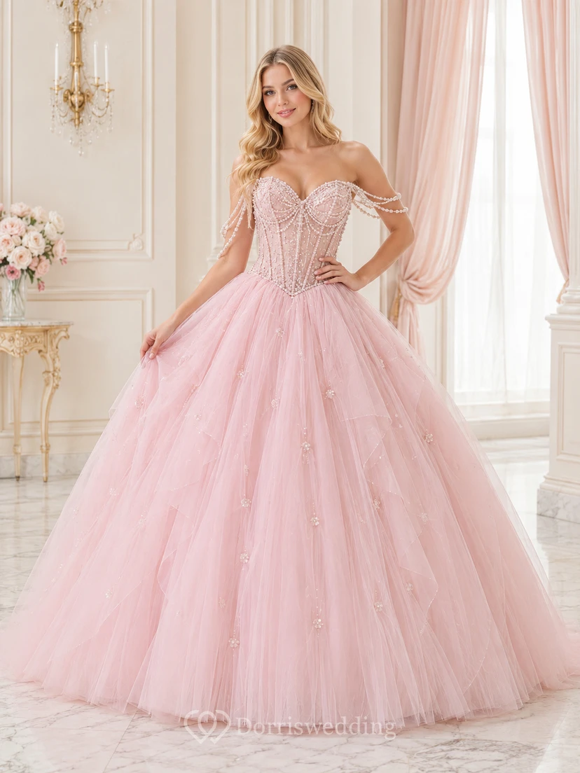Robe de bal de princesse rose poudré, bustier sans bretelles, ornée de perles et de tulle drapé, pour quinceañera.