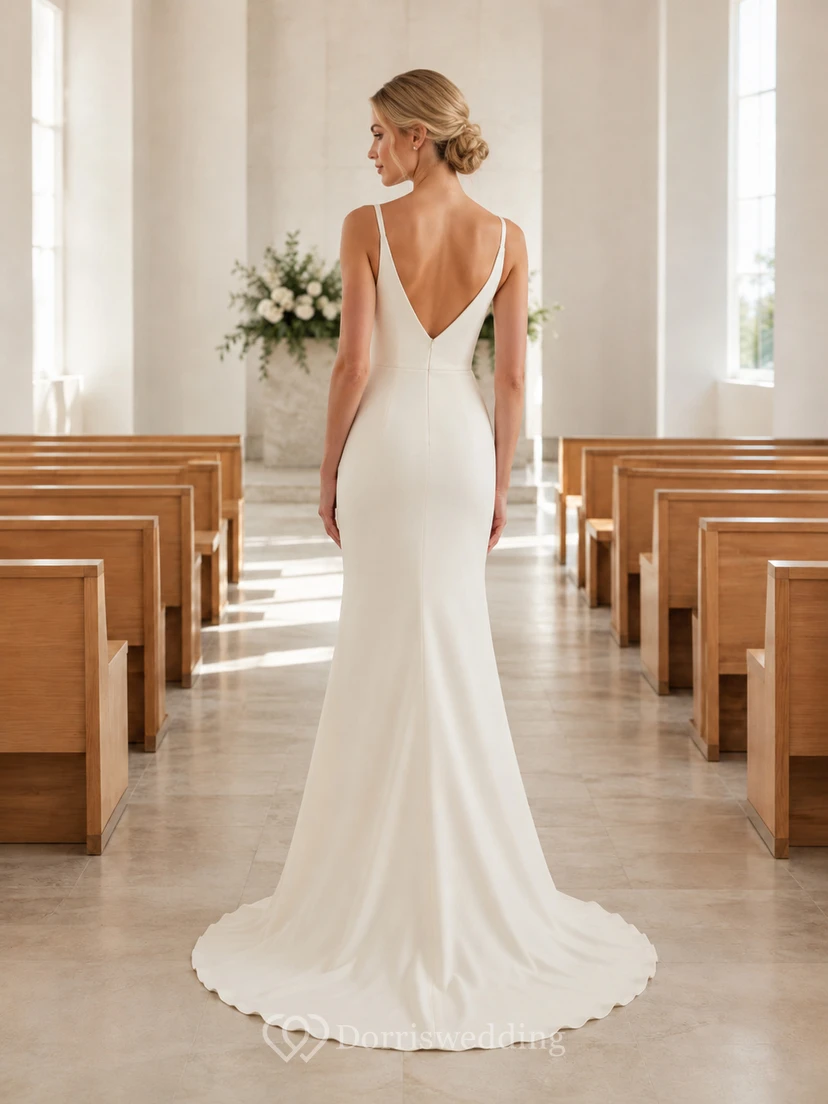 Minimalistisches Brautkleid aus Crêpe mit eckigem Ausschnitt im modernen Kapellenstil view 2