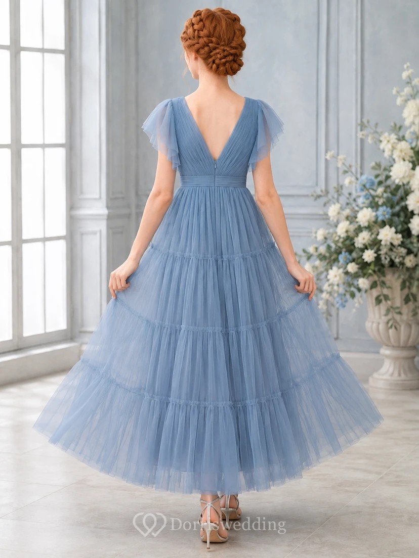 Stahlblaues Brautjungfernkleid für junge Damen, A-Linie, V-Ausschnitt, kurze Ärmel, wadenlang, mit Blütenblattmuster, Tüllrüschen, elegant view 2