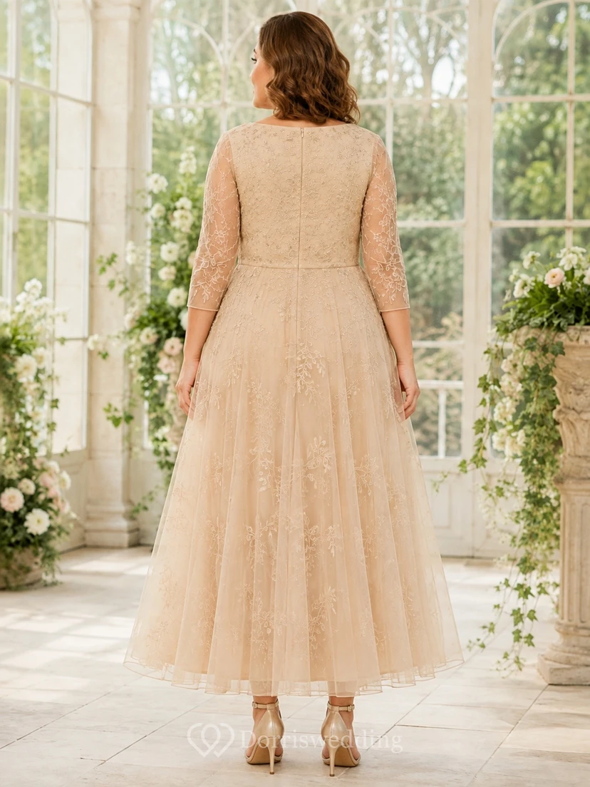 Champagne Lace Jewel-Neck Long-Sleeve A-Line Tea-Length Plus-Size Dress view 2
