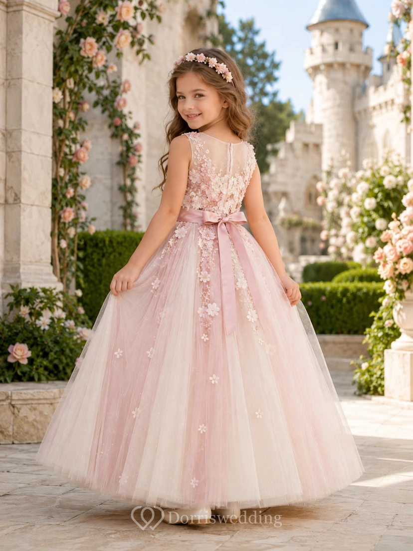 Robe de demoiselle d'honneur longue en tulle rose poudré à col montant et applications florales view 2