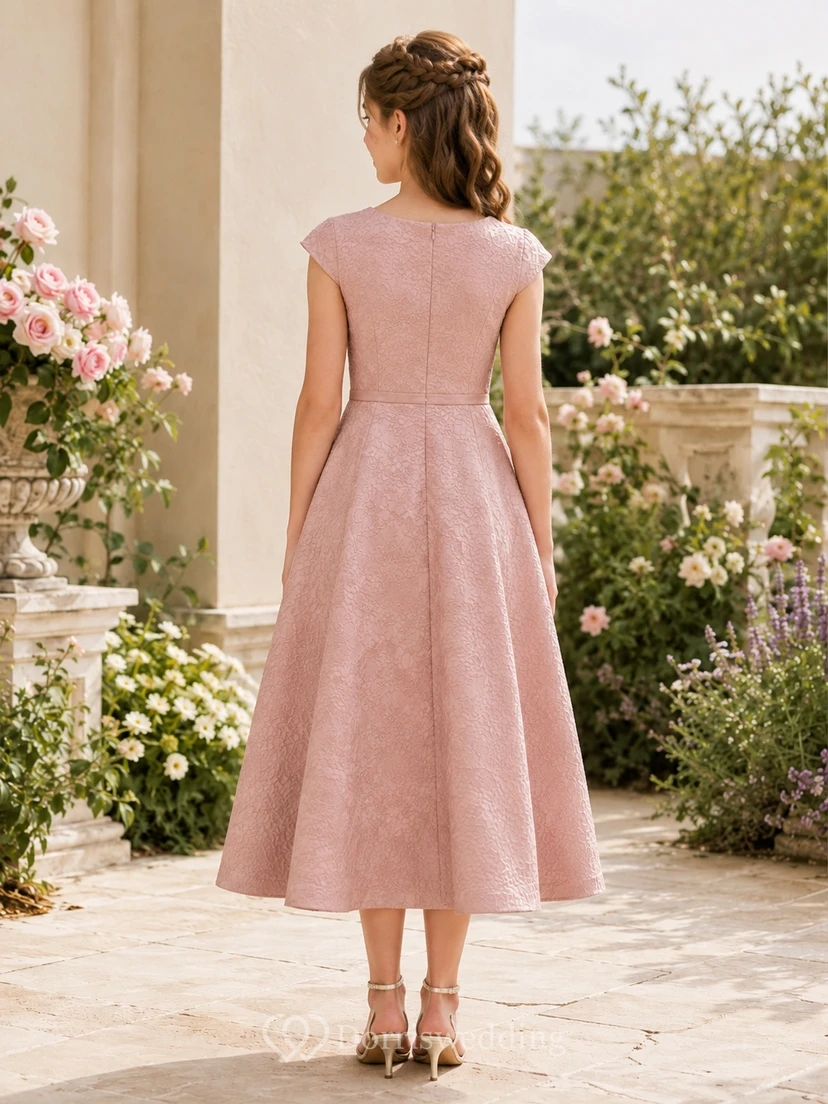 Vestido de dama de honor juvenil rosa rubor, corte en A, sin mangas, jacquard vintage view 2