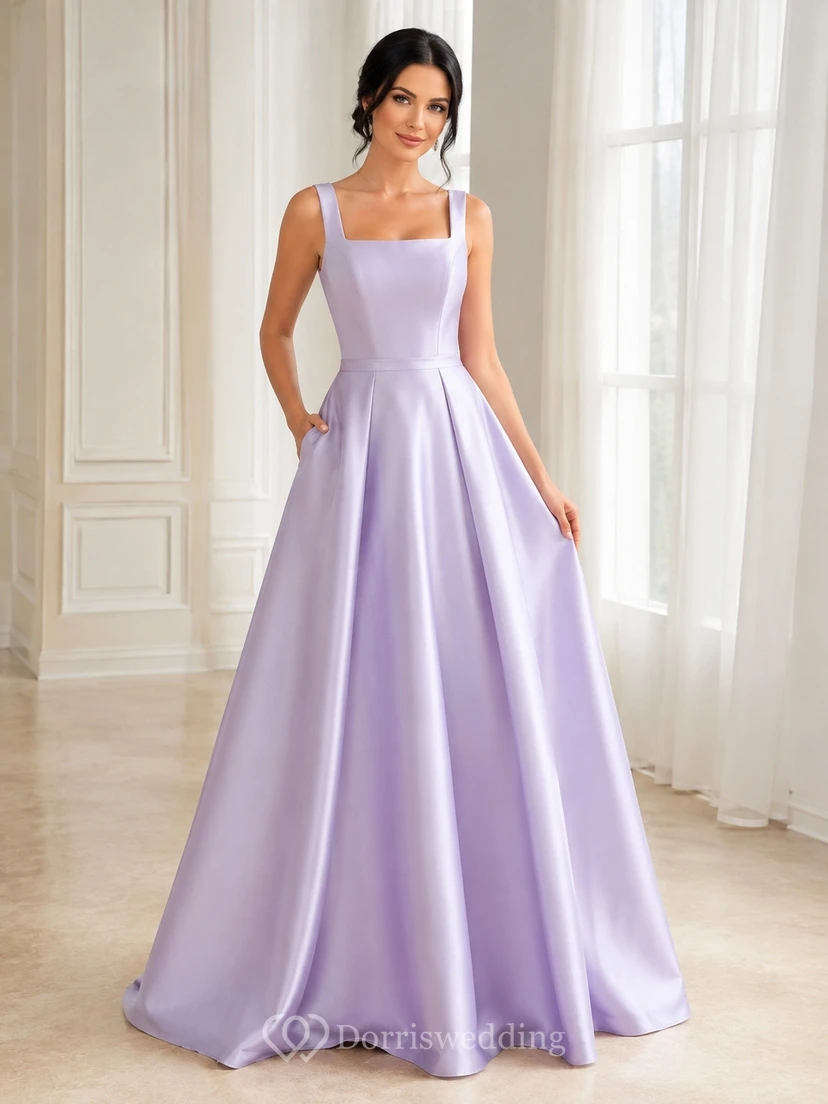 Lavender Satin Spaghetti Strap Square Neck A-Line Prom Dress