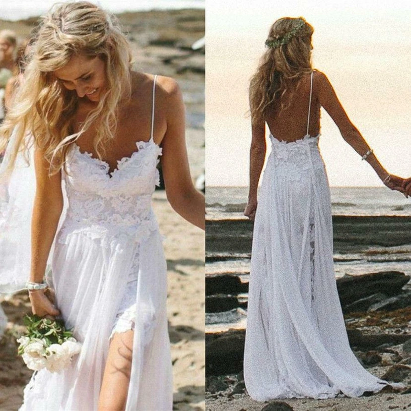 Vestido de novia bohemio playero | Vestido de novia hawaiano ligero blanco y vaporoso view 5