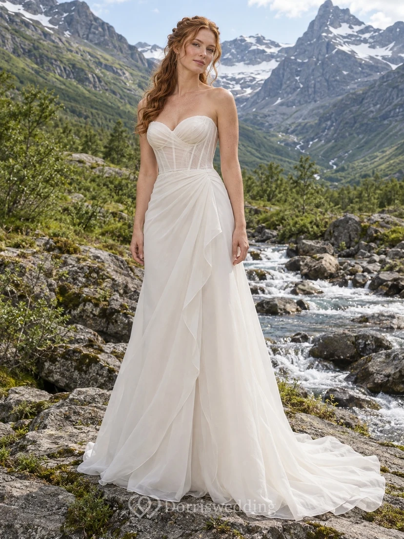 Vestido de novia moderno sin tirantes de organza con escote corazón, corte en A, corpiño ilusión y drapeado lateral.