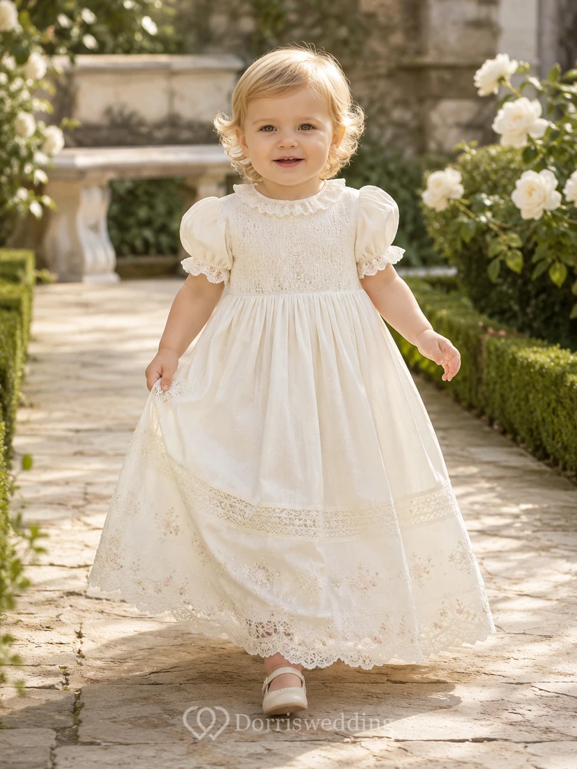 Vintage Baptism Dress A-Line Cotton Lace Jewel Neck Tea-Length Pleated Skirt