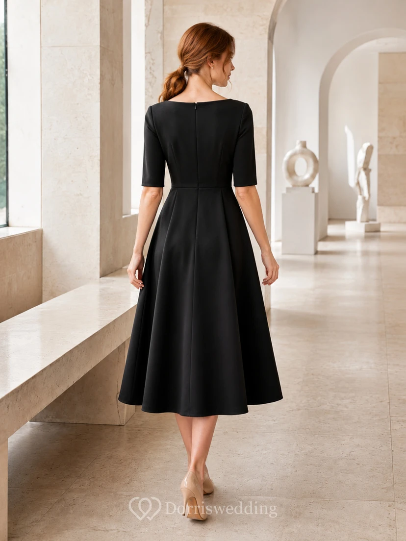 Black Bateau Neck Half Sleeve A Line Gallery Midi Dress view 2