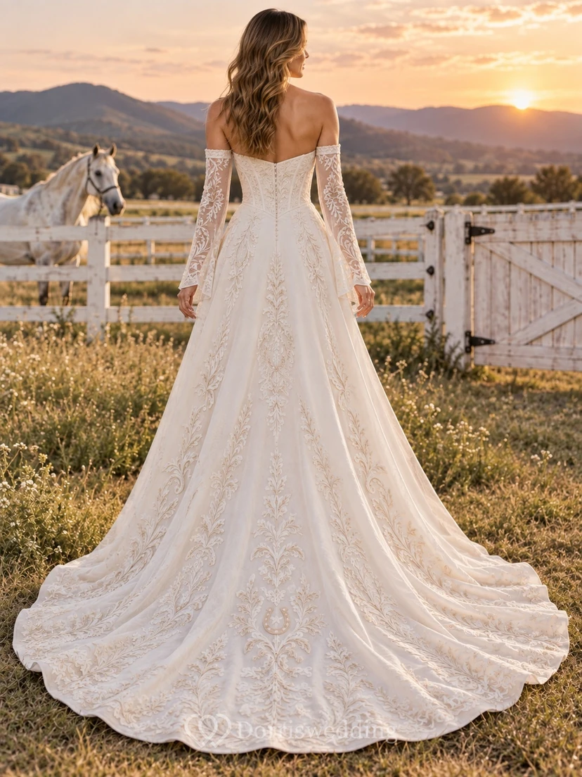 Country Boho Off shoulder Mermaid Satin Wedding Dress with Long Bell Sleeves and Scroll Embroidery view 2