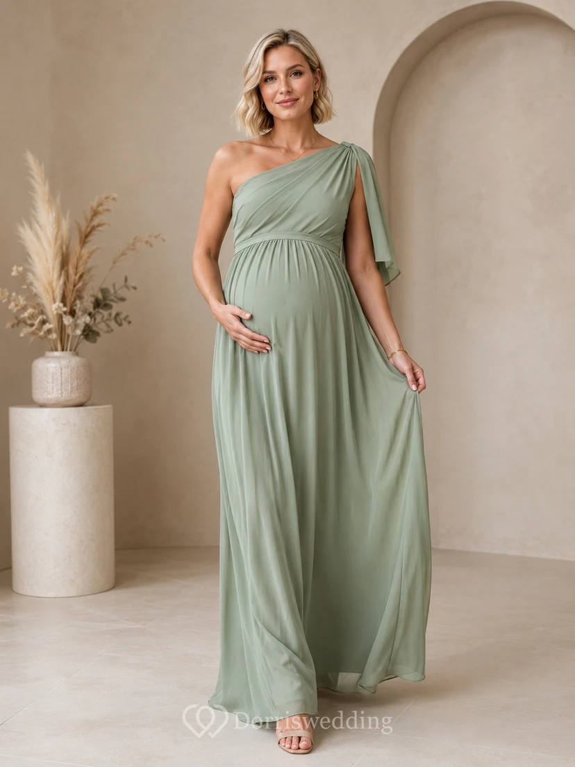 Maternity One Shoulder Draped Chiffon Empire Elegant Evening Dress