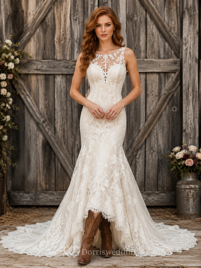 Robe de mariée de maternité en dentelle florale à col carré et manches courtes, avec traîne élégante.