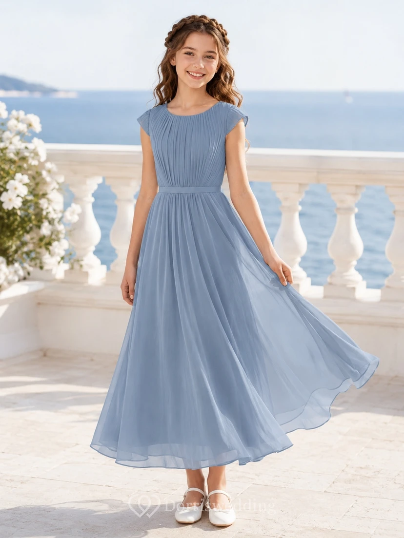 Schieferblaues Brautjungfernkleid in A-Linie, wadenlang, mit kurzen Ärmeln und Faltenrock, romantisch