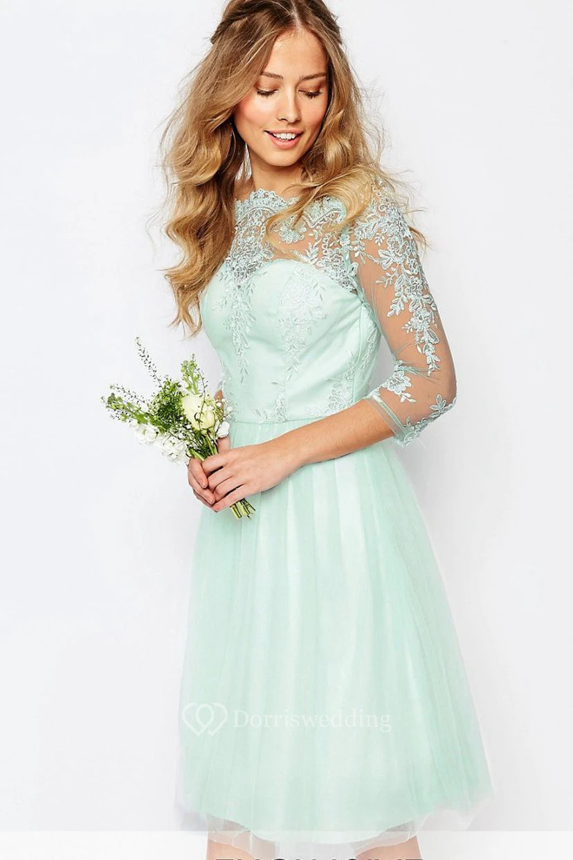 Knee-Length Appliqued Bateau Neck 3-4 Sleeve Tulle Bridesmaid Dress view 3