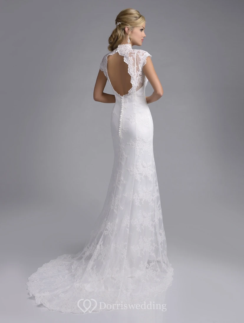 Cap Sleeve Sheath Lace Wedding Dress With Scalloped-Edge Neckline And Keyhole Back view 2