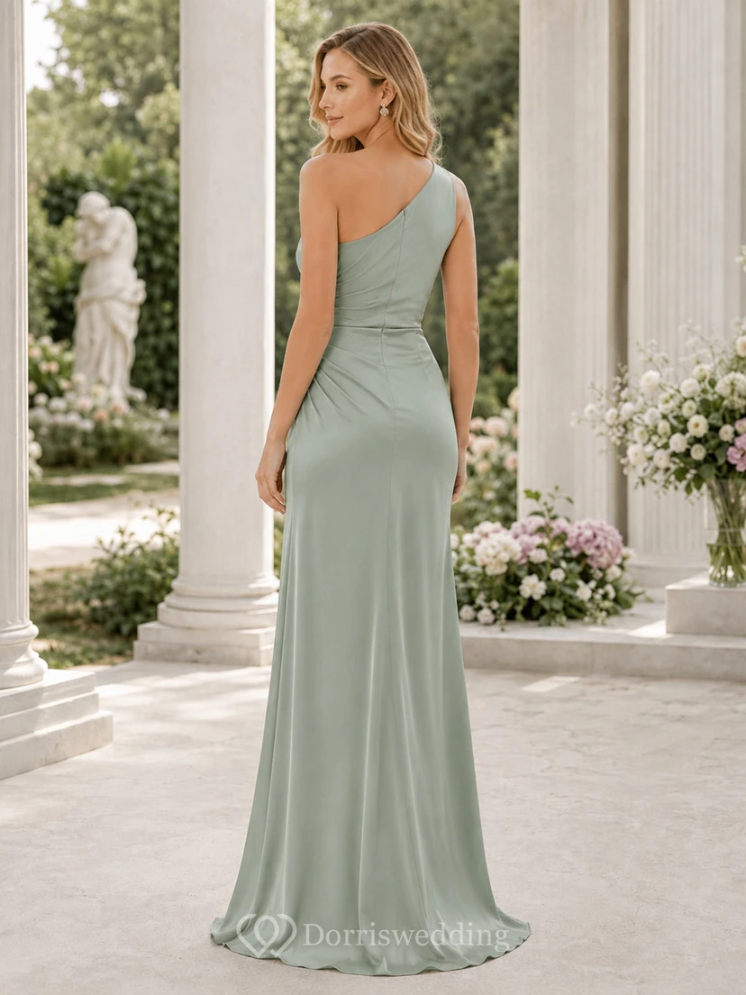 Sage one shoulder ruched sheath floor gown slit view 2
