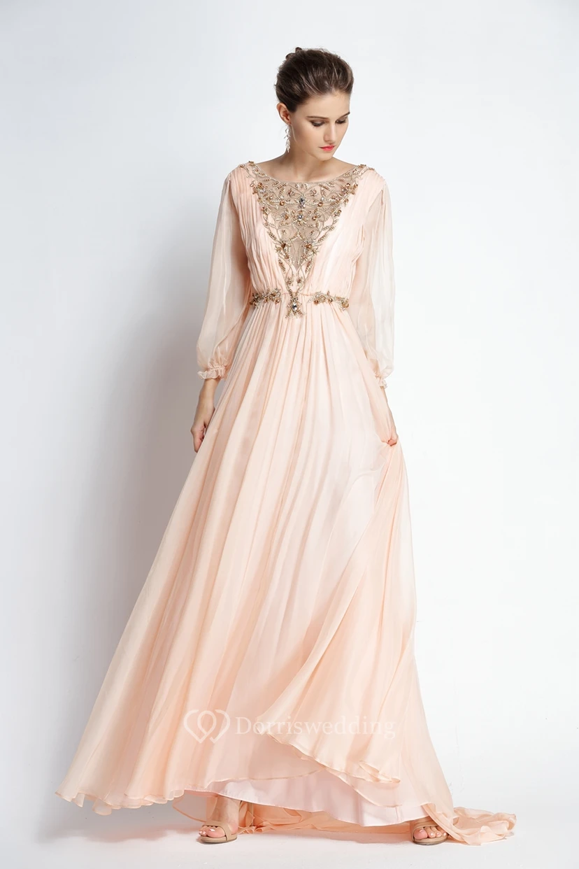 A-Line Floor-length Sweep Brush Train Bateau Chiffon Long Sleeve Prom Dress with Beading and Pleats