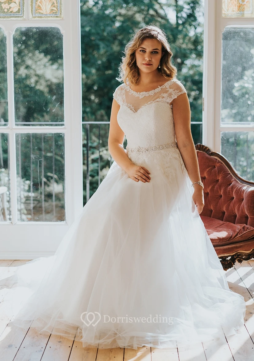A-Line Floor-Length Scoop Neck Short Sleeve Tulle Sweep Train Low-V Back Appliques Dress view 3