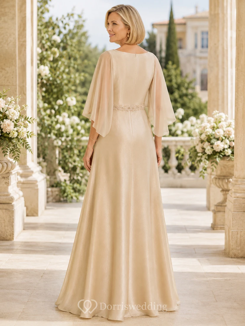 Champagne Modest Bateau Satin A-Line Floor-Length Mother of the Bride Gown with Cape Sleeves and Beaded Waist view 2
