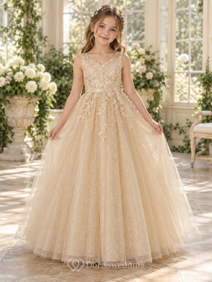 Champagne Floral A-line Tulle Sleeveless V-neck Floor-length Embroidered Flower Girl Dress
