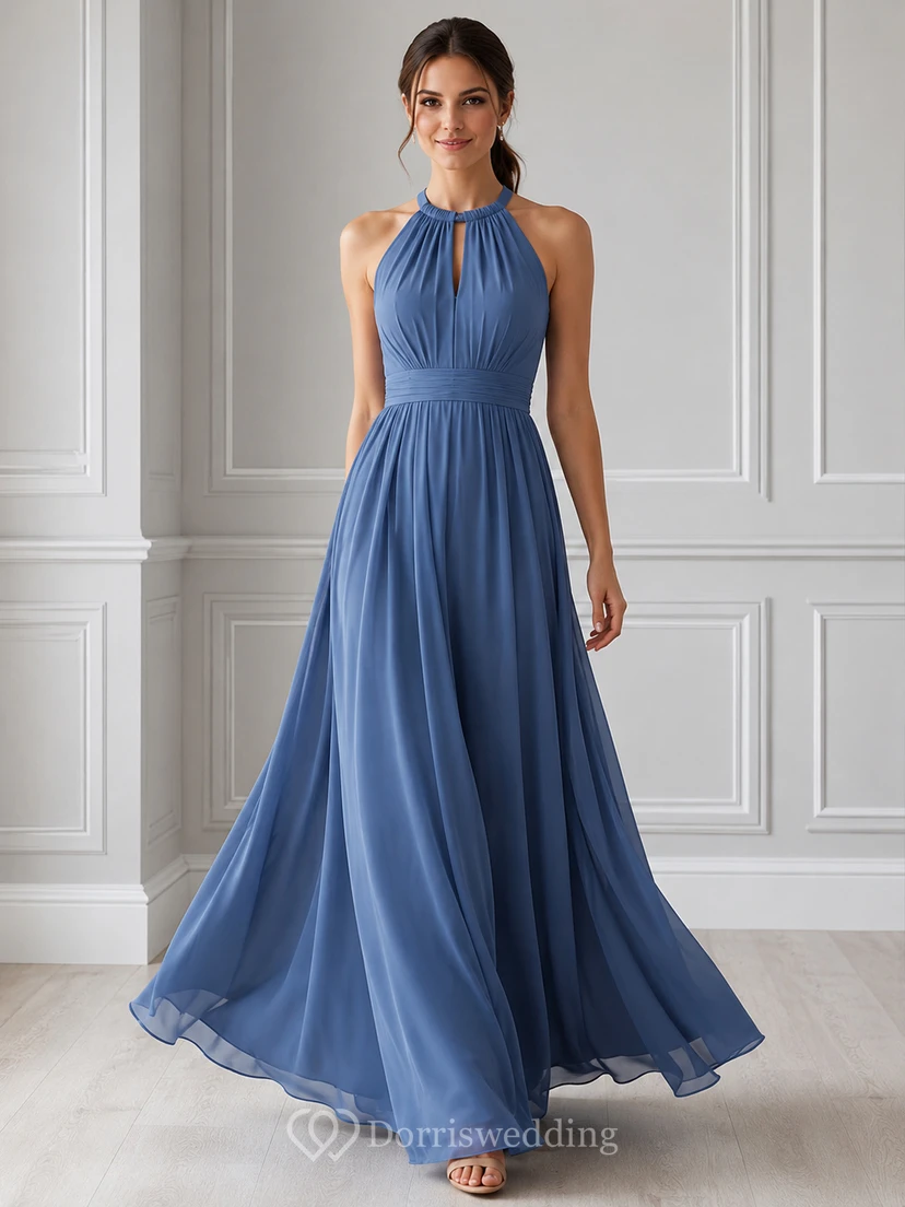 Dusty blue halter keyhole chiffon floor length A-line dress