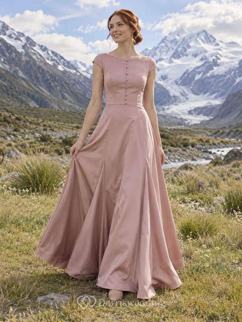 Schlichtes, altrosafarbenes Brautkleid aus Satin mit kurzen Ärmeln und A-Linien-Schmuck