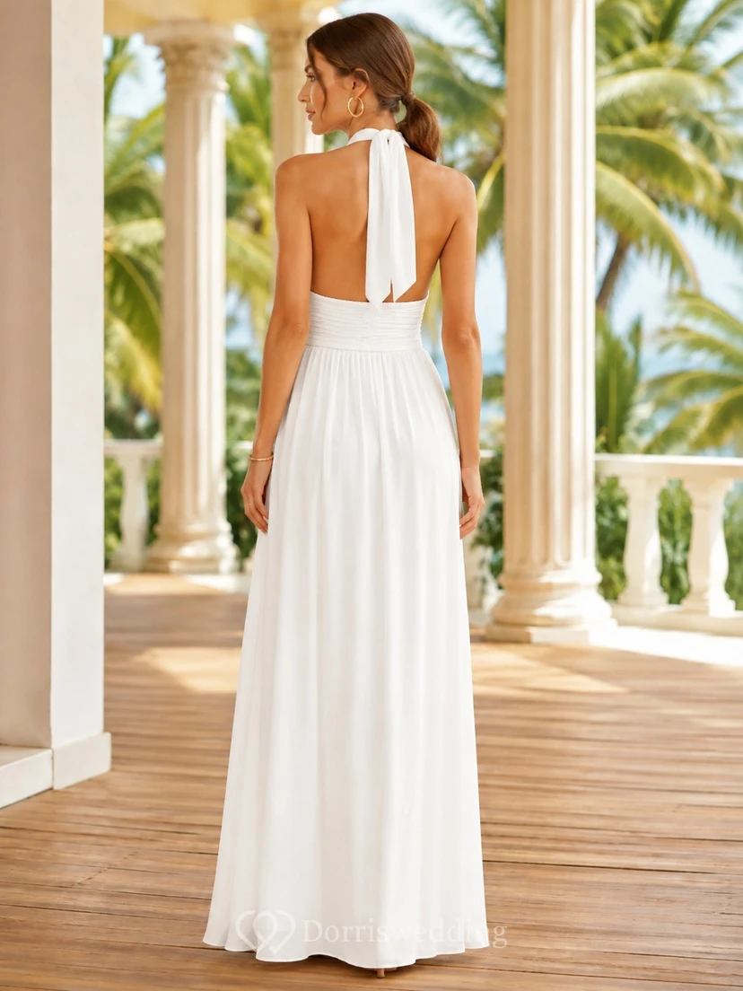 White Chiffon Halter Pleated A-line Floor-length Maxi Dress view 2