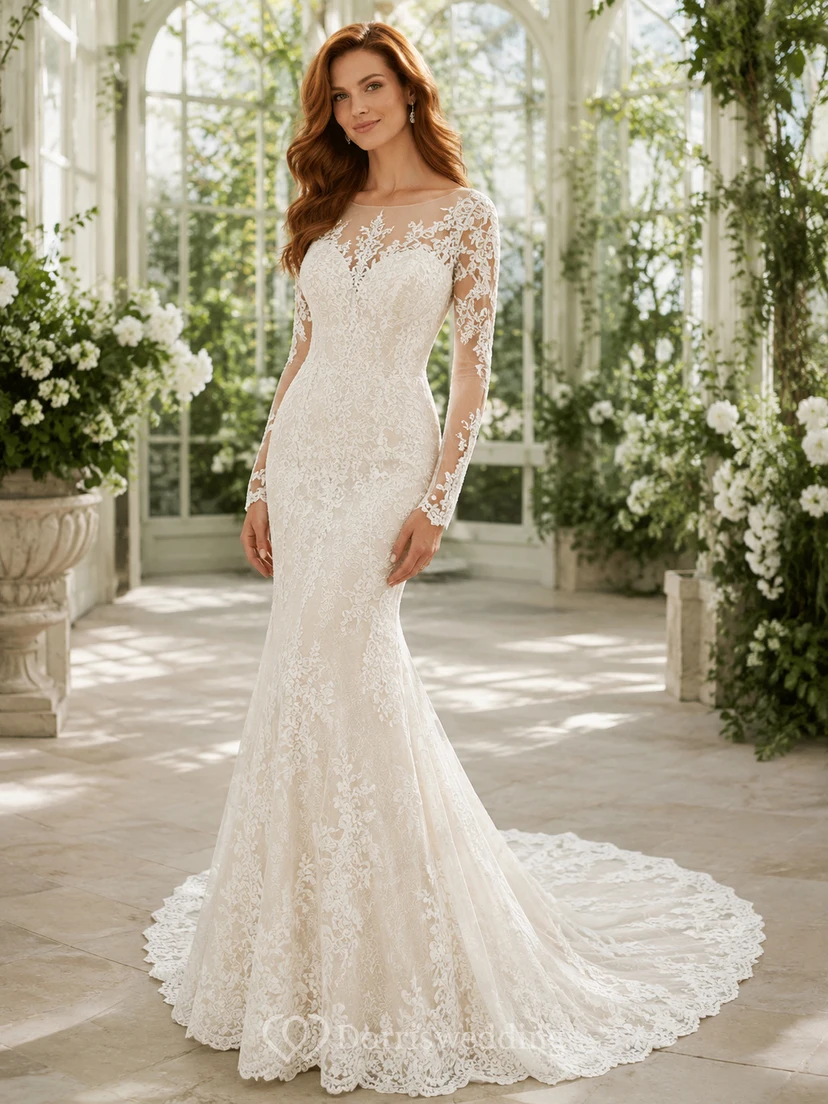 Robe de mariée sirène en dentelle harmonieuse, col montant, manches courtes, traîne chapelle, applications florales, pour le soir.