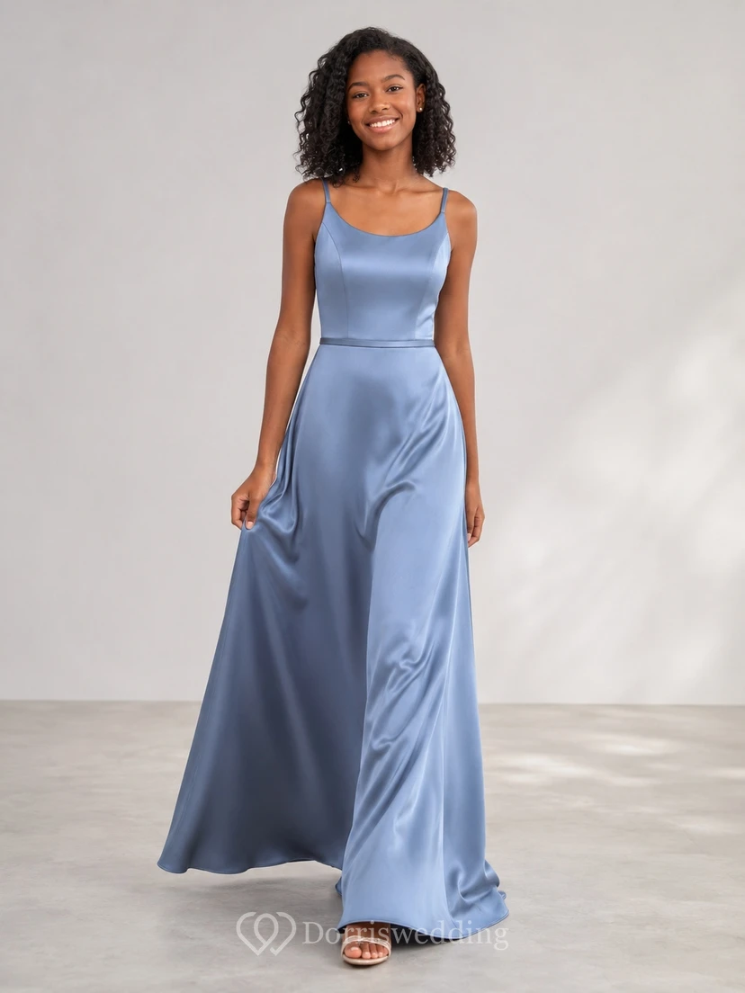Himmelblaues Brautjungfernkleid im A-Linien-Stil mit Spaghettiträgern, ärmellos, aus Satin mit Raffungen, elegant und modern