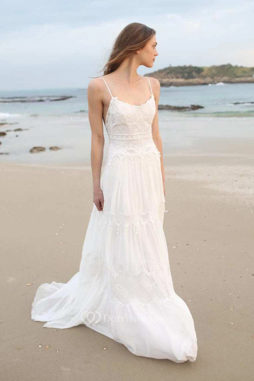 Spaghetti-ärmelloses Chiffon-Strand-Boho-Hochzeitskleid view 5