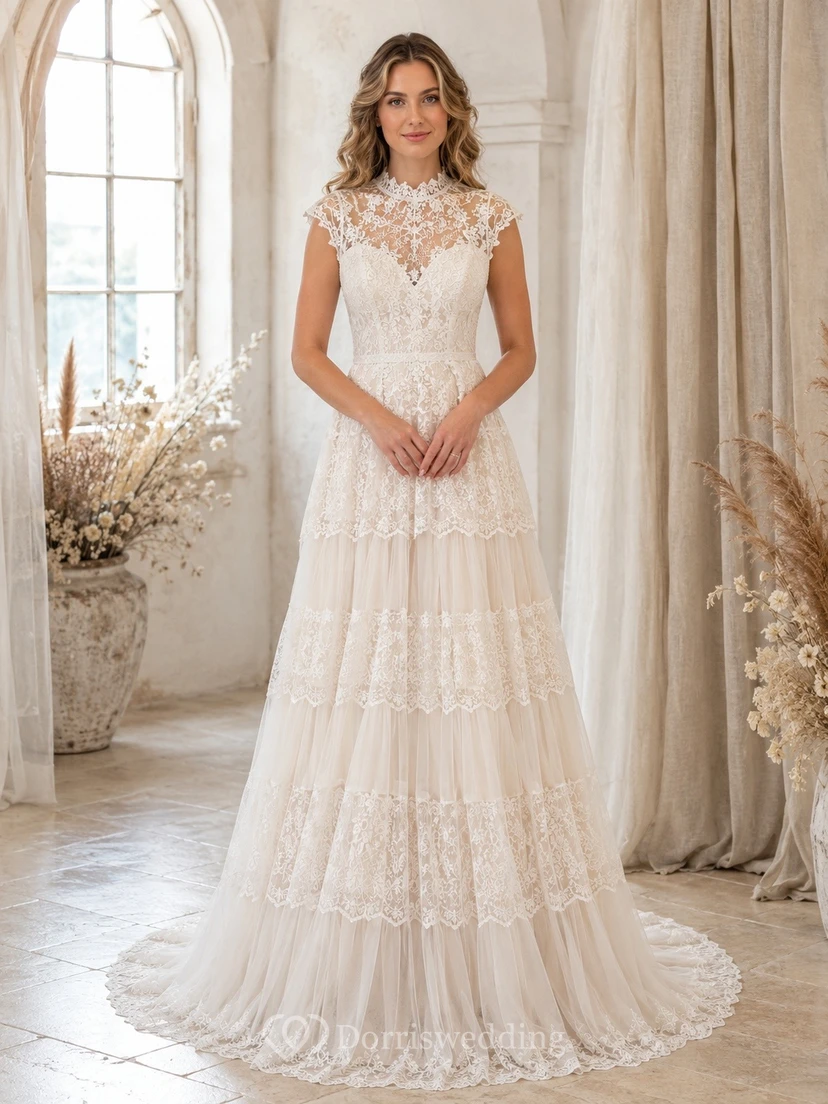 Vestido de novia modesto de manga corta, cuello alto, corte en A, encaje y volantes, color marfil