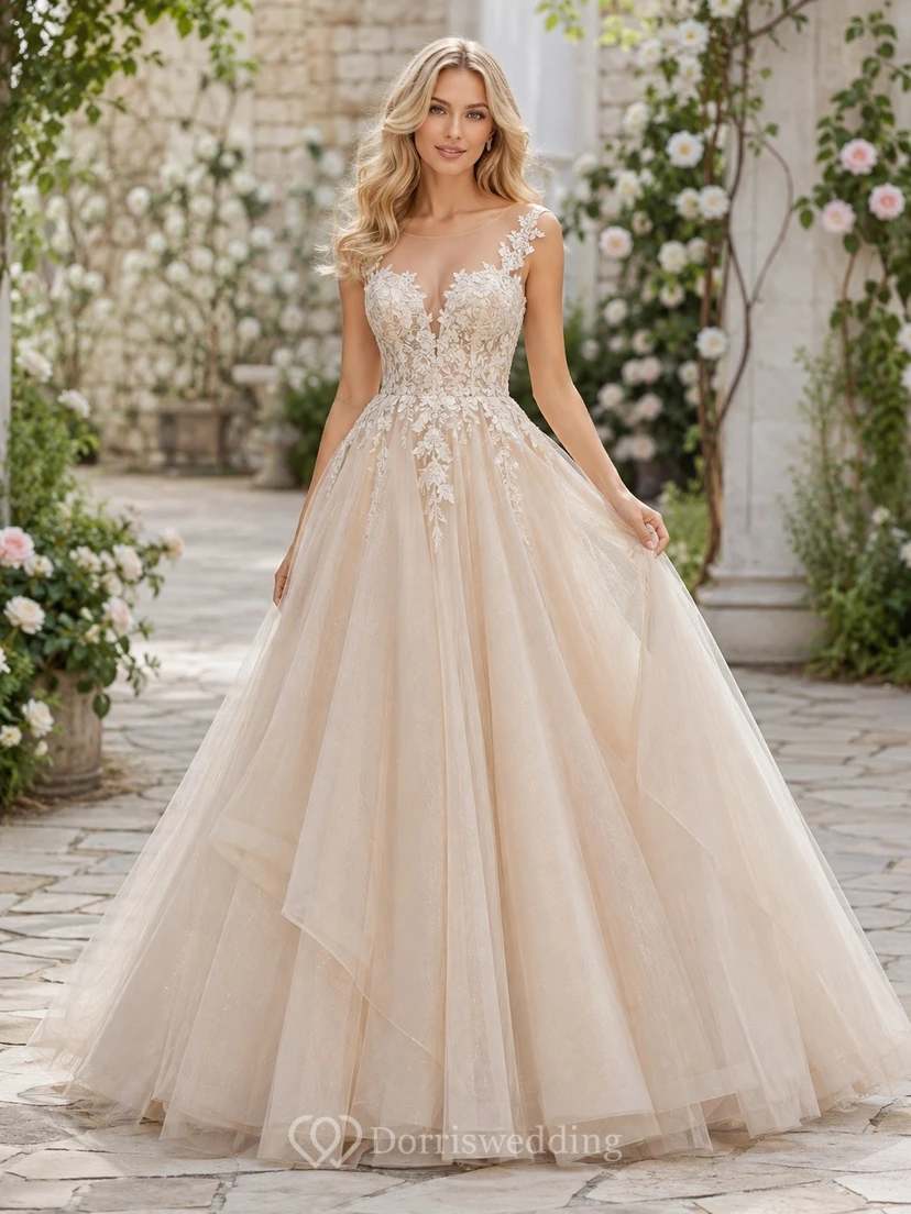Distinctive Champagne Tulle V-Neck Sleeveless Ball Gown Floor Length Evening Dress