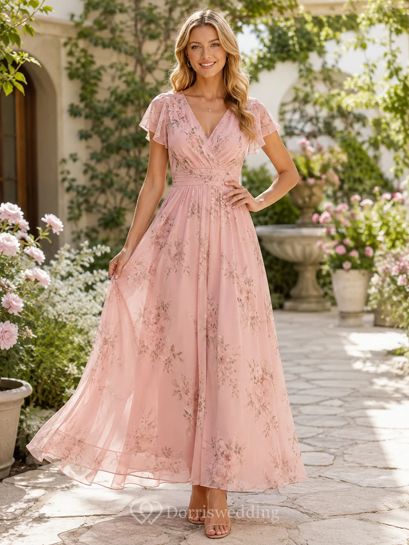 Vestido de fiesta largo hasta los tobillos de gasa rosa con escote en V y mangas con volantes, estampado floral rosa.