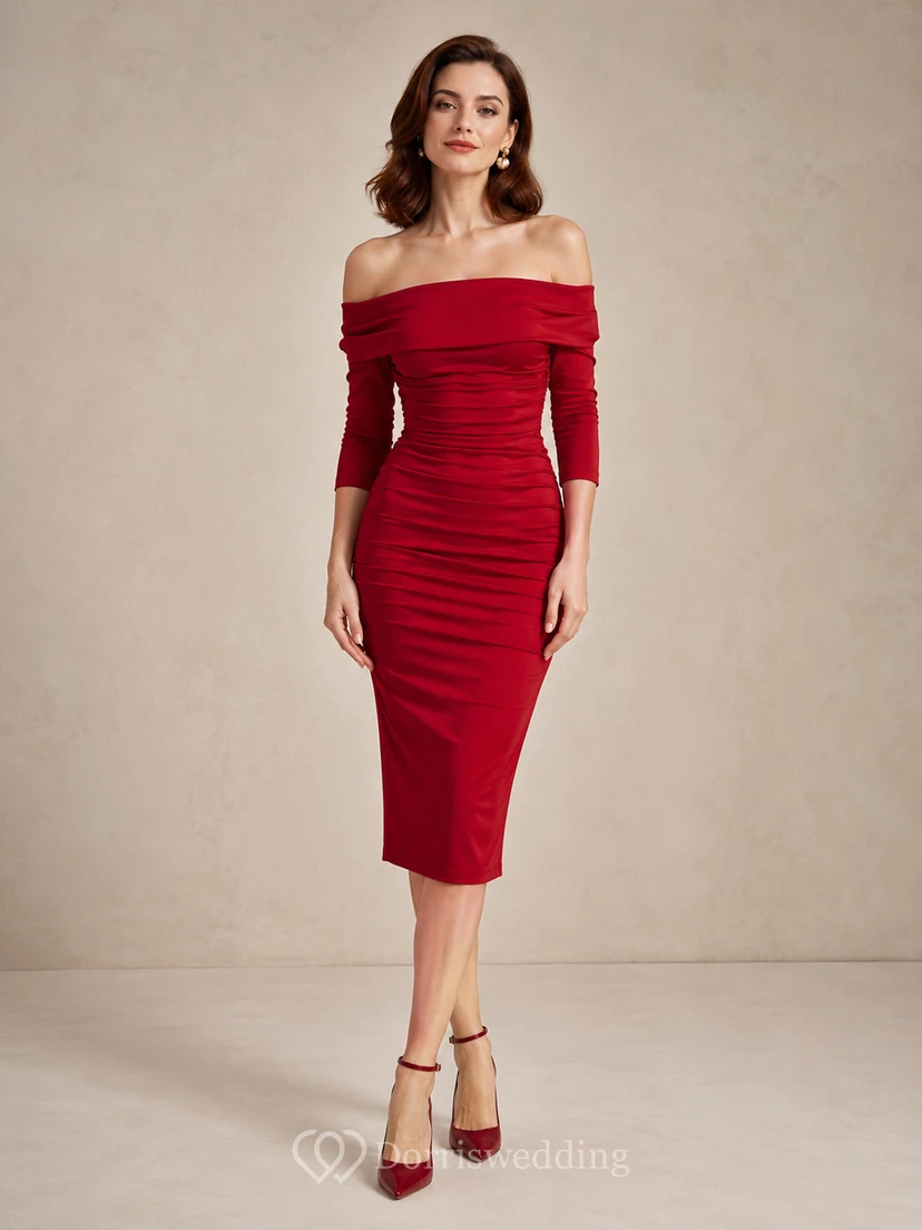 Red Refined Chiffon Sheath V-neck Knee Length Cocktail Dress