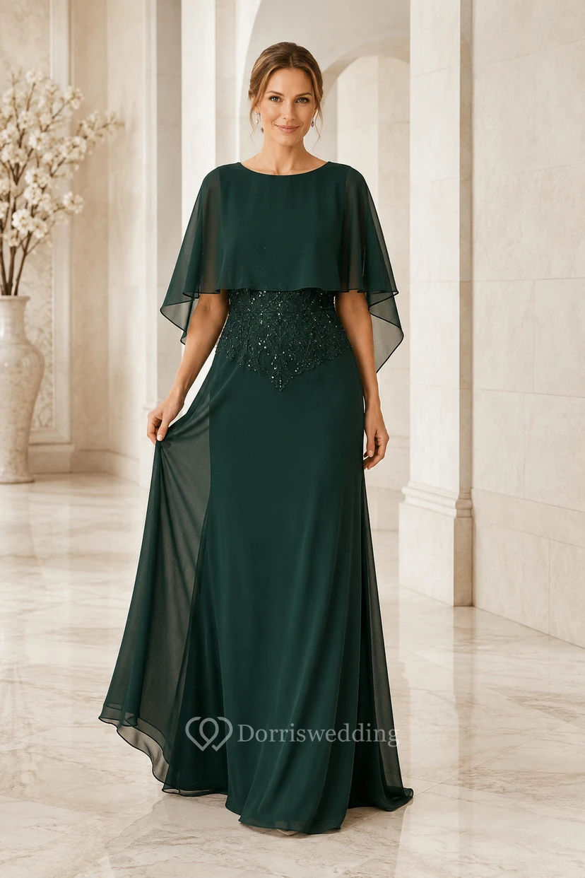 Robe de mère de la mariée en mousseline vert foncé à manches cape et corsage à sequins