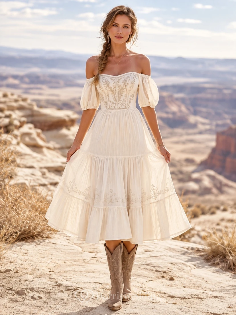 Western Off-Shoulder Short Sleeve Chiffon A-Line Tea-Length Wedding Dress