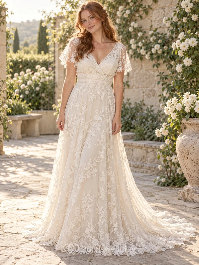 Vintage V-neck Flutter Sleeve Floral Lace A-line Train Wedding Dress