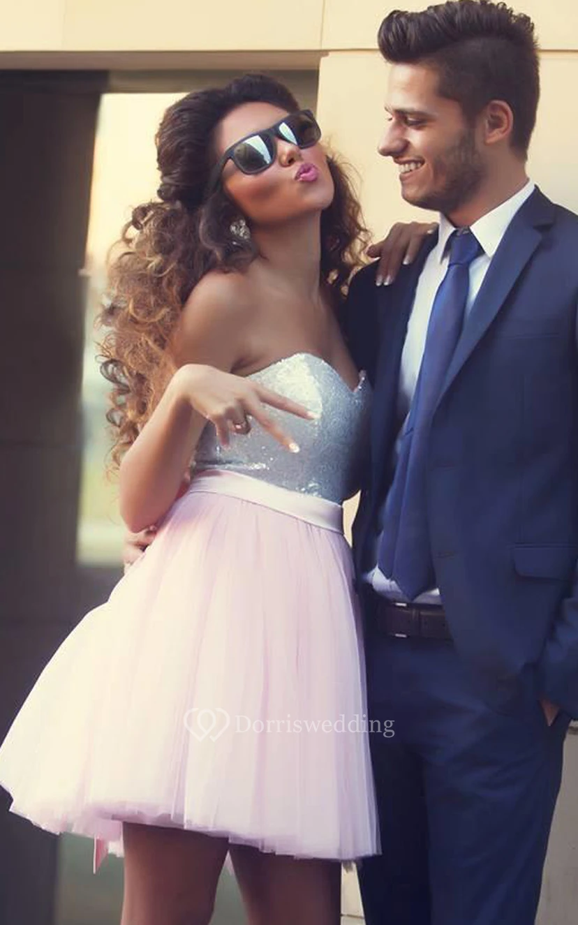 Tulle Sequins Mini A Line Sleeveless Adorable Homecoming Dress view 3