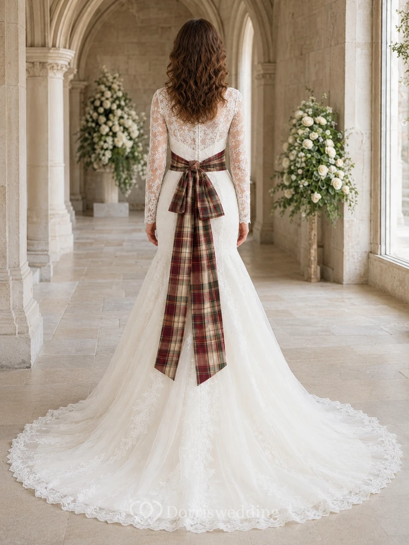 Schottisches Tartan-Schärpen-Langarm-Meerjungfrauen-Vintage-Hochzeitskleid mit eckigem Ausschnitt und Spitze view 2