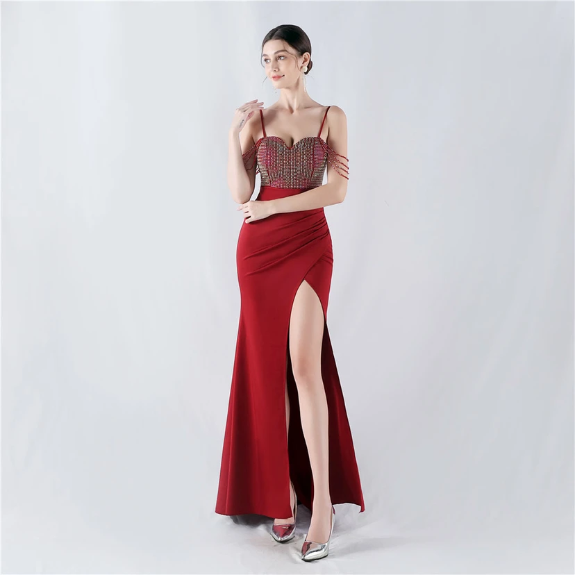 Hot Diamond Beaded High-Slit Satin Sexy Sling Evening Dress view 41