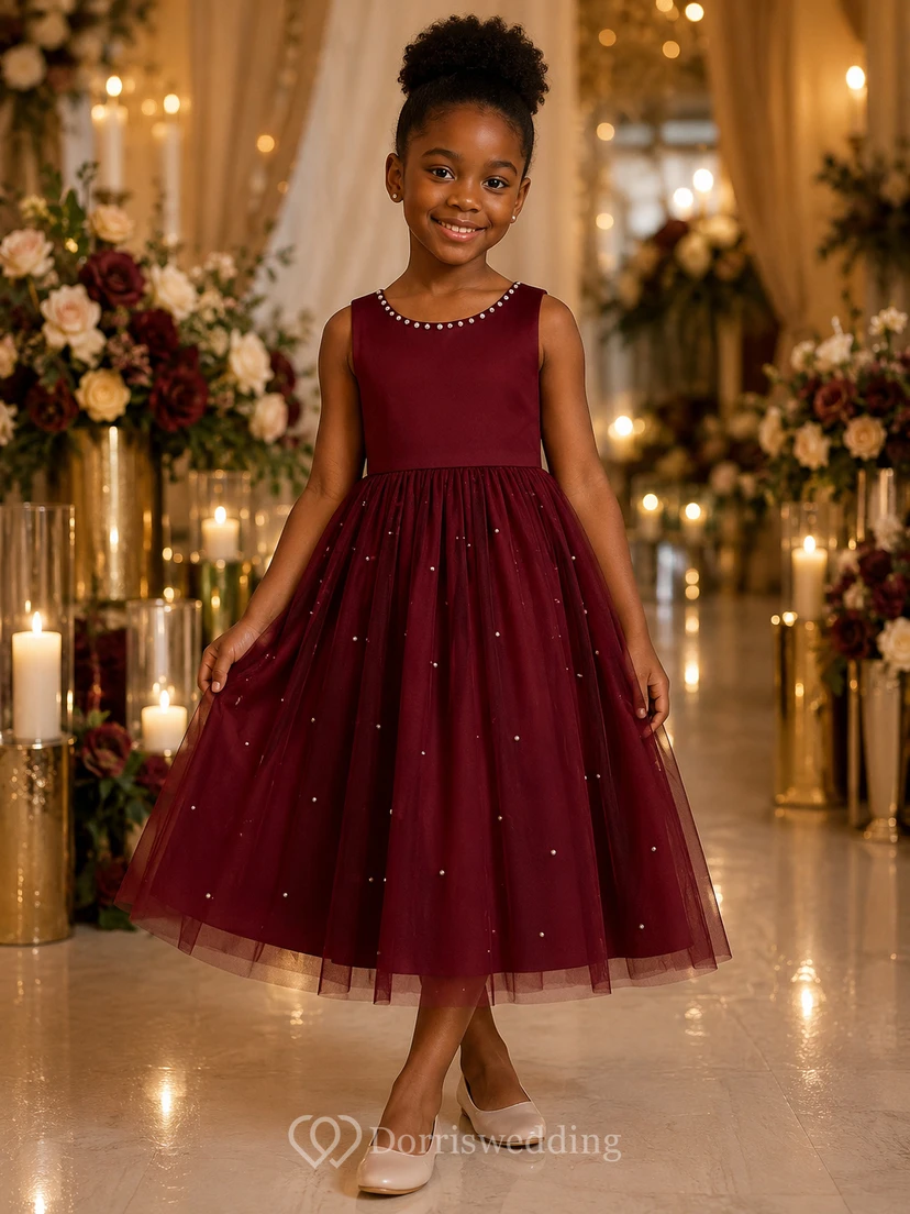 Scoop-neck Sleeveless Tulle Satin A-line Flowergirl Dress view 5