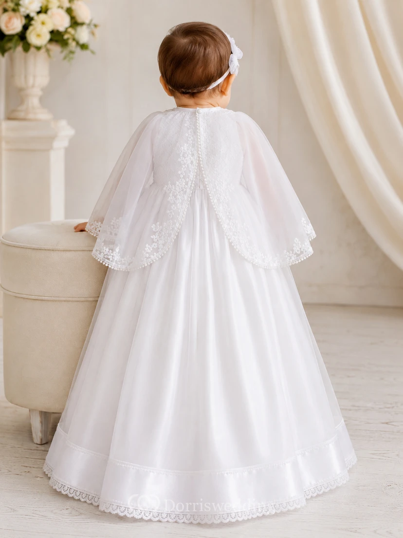 Modest Baby Baptism Christening Ceremony Gown A-Line Floor-Length Jewel Neck Long Sleeve Satin Detachable Cape Button Back view 2