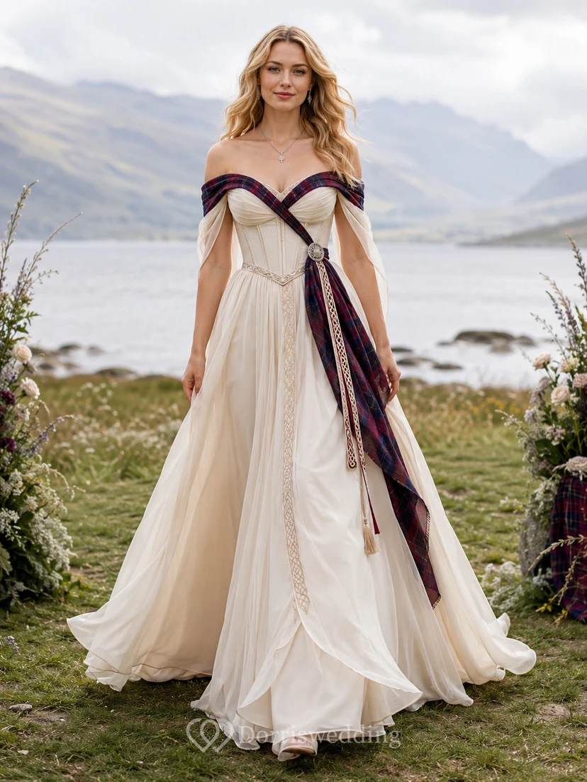 Schottisches Handfasting-Hochzeitskleid aus Chiffon mit Tartanbesatz, schulterfrei, Empire-Stil, A-Linie, Boho-Stil