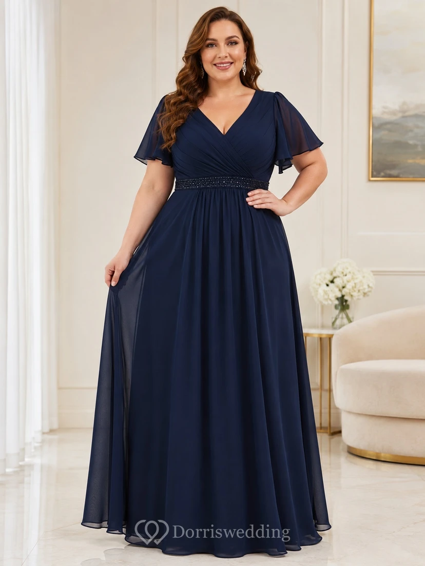 Dark Navy Chiffon V-neck Short Sleeve Floor-length A-Line Plus Size Formal Dress